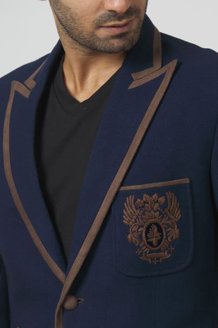 Kommal Sood Blue Cotton Silk, Blended Wool And Cupro Embroidered Blazer With Pant at Aza Fashions Kommal Sood_Blue Cotton Silk, Blended Wool And Cupro Embroidered Blazer With Pant_at_Aza_Fashions