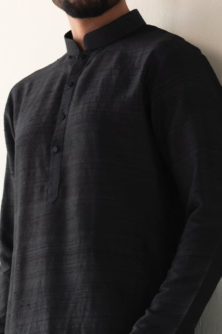 Buy_Weaver Story_Black Pure Raw Silk Plain Kurta And Pant Set _Online_at_Aza_Fashions