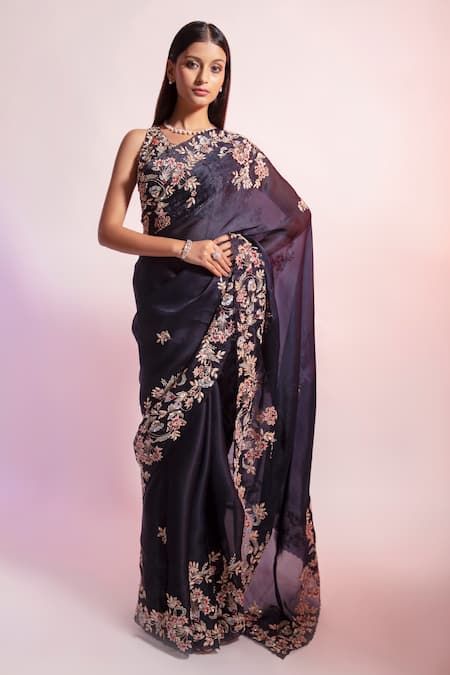 Buy Rouje Green Satin Organza Zardozi Embroidered Saree With Blouse Online  | Aza Fashions