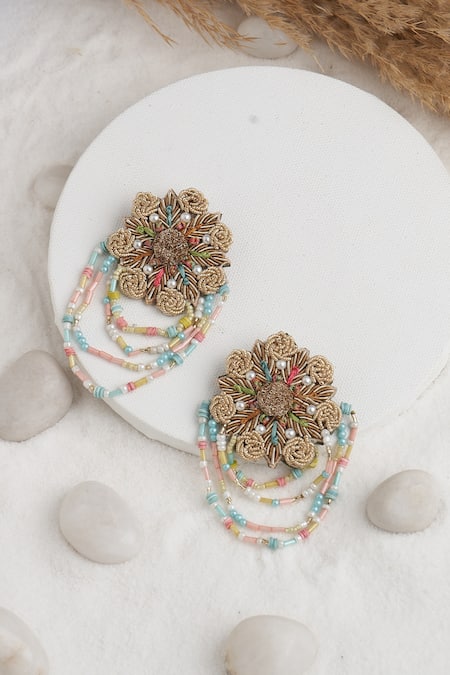 Buy_Torque By Merge_Multi Color Pearl Floral Embellished Mathapatti And Earring Set _Online_at_Aza_Fashions