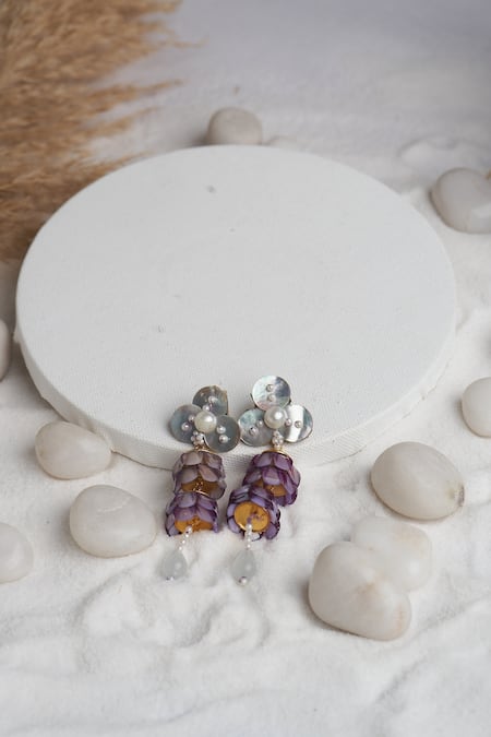 Torque By Merge_Multi Color Semi Precious Mixed Stones Floral Mirror Embellished Earrings _Online_at_Aza_Fashions