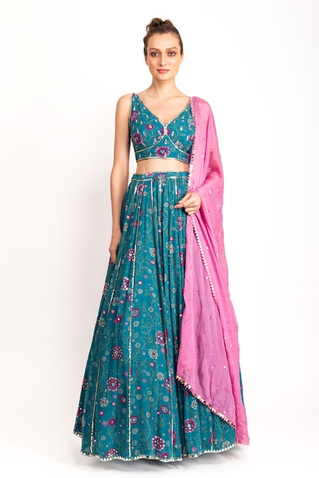 Buy Blue Georgette Printed And Embroidered Logo Plunge V Neck Lehenga Set  For Women by Prevasu Online at Aza Fashions.