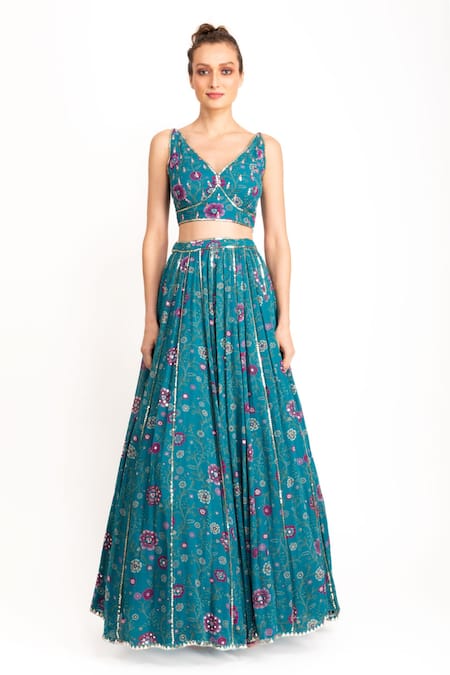 Buy_Prevasu_Blue Georgette, Dupatta Chinon Chiffon Logo, Sequin And Printed Lehenga Set _Online_at_Aza_Fashions