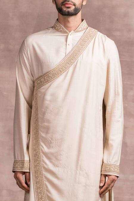 Buy_Tarun Tahiliani_Gold Churidar- Poplin, Kurta-sandwashed Muga Silk Aari, Zardozi Draped Kurta Set_Online_at_Aza_Fashions