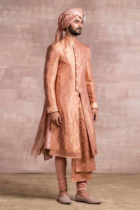Tarun Tahiliani_Pink Churidar Poplin Lycra, Kurta Spun Silk, Safa- Chanderi, Sherwani Set_Online_at_Aza_Fashions