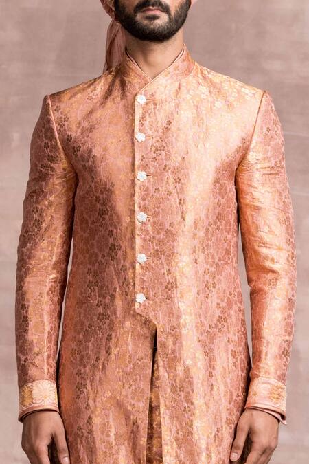 Buy_Tarun Tahiliani_Pink Churidar Poplin Lycra, Kurta Spun Silk, Safa- Chanderi, Sherwani Set_Online_at_Aza_Fashions
