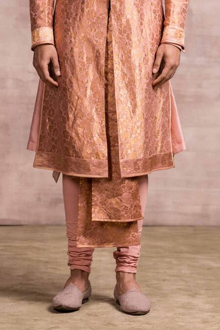 Shop_Tarun Tahiliani_Pink Churidar Poplin Lycra, Kurta Spun Silk, Safa- Chanderi, Sherwani Set_Online_at_Aza_Fashions