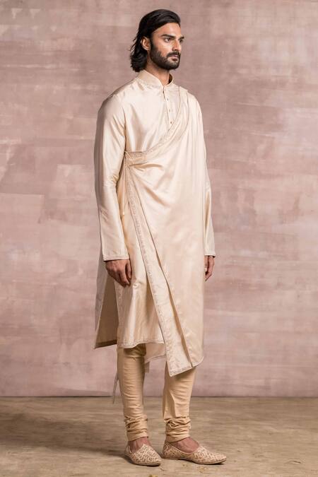 Tarun Tahiliani_Gold Churidar-poplin Lycra, Kurta- Spun Silk Floral Draped Set_Online_at_Aza_Fashions