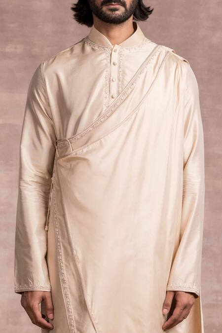 Buy_Tarun Tahiliani_Gold Churidar-poplin Lycra, Kurta- Spun Silk Floral Draped Set_Online_at_Aza_Fashions