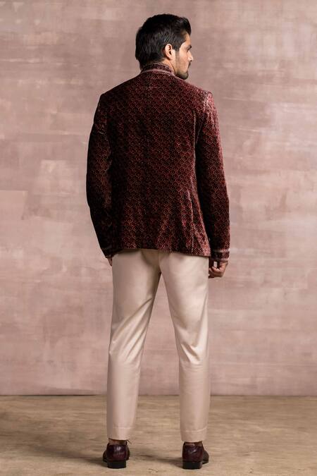 Shop Tarun Tahiliani Maroon Bandhgala- Silk Velvet, Shirt- Poplin, Trouser- Suiting Printed Set at Aza Fashions Shop_Tarun Tahiliani_Maroon Bandhgala- Silk Velvet, Shirt- Poplin, Trouser- Suiting Printed Set_at_Aza_Fashions