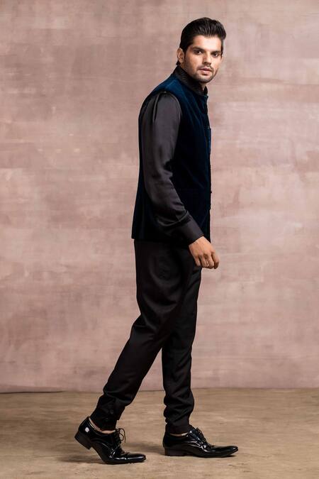 Tarun Tahiliani_Blue Bundi- Cotton Velvet, Jodhpuri- Suiting Fabric, Shirt- Chamuse Satin And Set_Online_at_Aza_Fashions