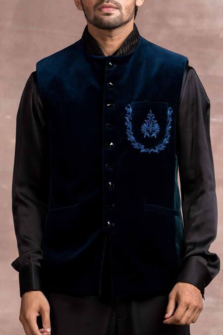 Buy_Tarun Tahiliani_Blue Bundi- Cotton Velvet, Jodhpuri- Suiting Fabric, Shirt- Chamuse Satin And Set_Online_at_Aza_Fashions