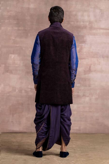Shop Tarun Tahiliani Purple Bundi- Cotton Velvet, Draped Dhoti - Mashru Silk, Kurta - Spun And Set at Aza Fashions Shop_Tarun Tahiliani_Purple Bundi- Cotton Velvet, Draped Dhoti - Mashru Silk, Kurta - Spun And Set_at_Aza_Fashions