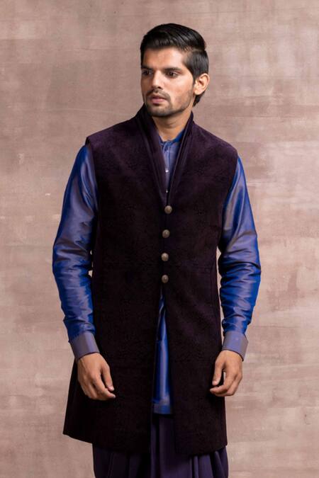 Buy Tarun Tahiliani Purple Bundi- Cotton Velvet, Draped Dhoti - Mashru Silk, Kurta - Spun And Set Online at Aza Fashions Buy_Tarun Tahiliani_Purple Bundi- Cotton Velvet, Draped Dhoti - Mashru Silk, Kurta - Spun And Set_Online_at_Aza_Fashions