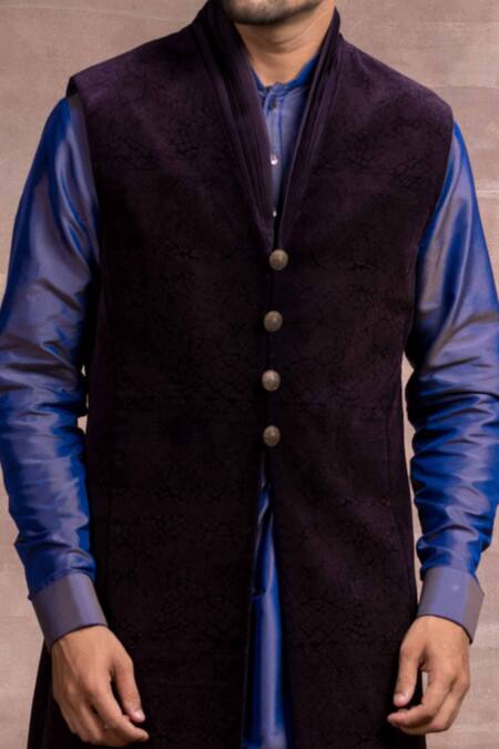 Shop Tarun Tahiliani Purple Bundi- Cotton Velvet, Draped Dhoti - Mashru Silk, Kurta - Spun And Set Online at Aza Fashions Shop_Tarun Tahiliani_Purple Bundi- Cotton Velvet, Draped Dhoti - Mashru Silk, Kurta - Spun And Set_Online_at_Aza_Fashions