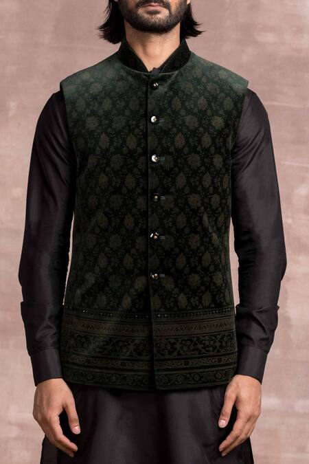 Shop Tarun Tahiliani Green Bundi- Cotton Suede, Churidar-poplin Lycra, Kurta - Spun Silk And Set Online at Aza Fashions Shop_Tarun Tahiliani_Green Bundi- Cotton Suede, Churidar-poplin Lycra, Kurta - Spun Silk And Set_Online_at_Aza_Fashions