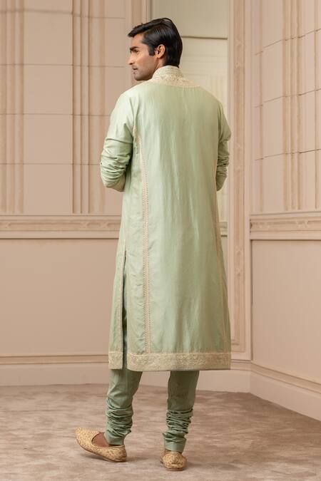 Shop_Tarun Tahiliani_Green Kurta Spun Silk Embroidered Aari Floral Set _at_Aza_Fashions