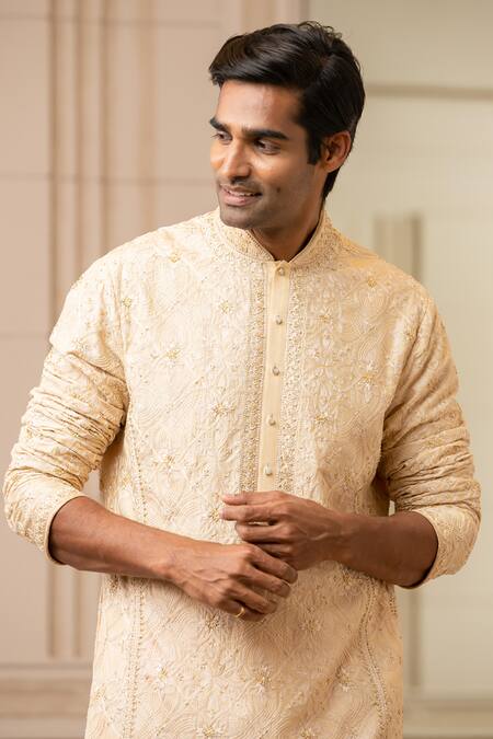 Tarun Tahiliani_Gold Churidar Poplin Lycra, Kurta Viscose Slub Aari, Floral Embroidered Set_Online_at_Aza_Fashions