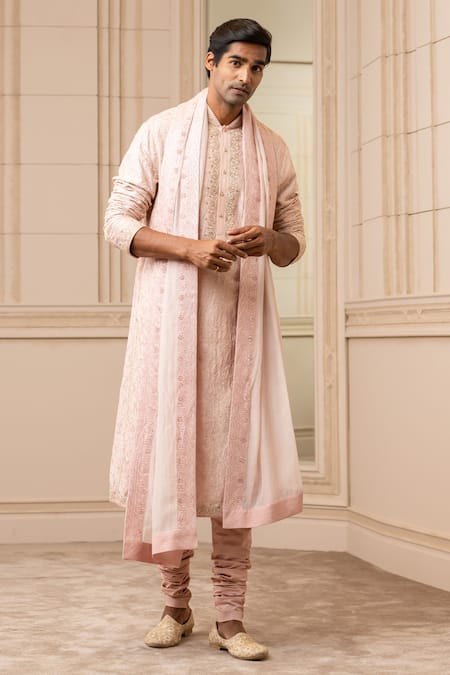 Tarun Tahiliani Pink Kurta Viscose Slub Embroidered Aari Floral Set 