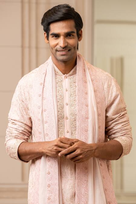 Buy_Tarun Tahiliani_Pink Kurta Viscose Slub Embroidered Aari Floral Set _Online_at_Aza_Fashions