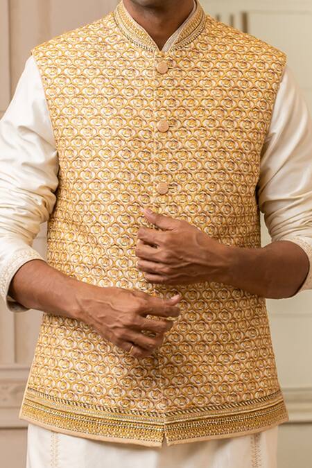 Tarun Tahiliani_Gold Silk Dupion Aari, Zardozi Printed Bundi_Online_at_Aza_Fashions