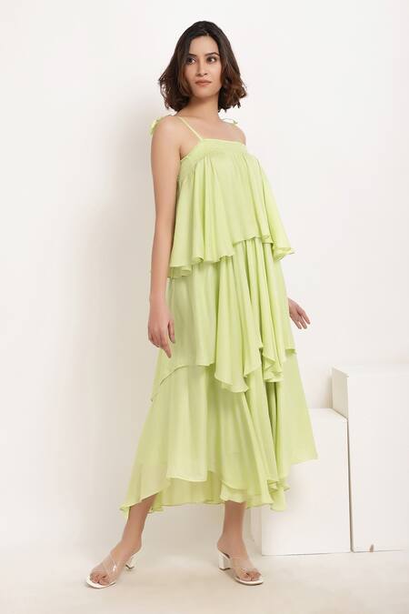 Ranng Label_Green Viscose Chiffon Plain Square Neck Asymmetric Tiered Ruffle Dress_Online_at_Aza_Fashions