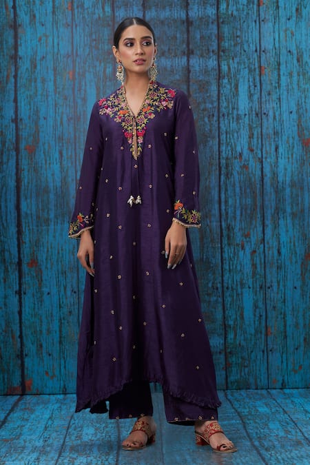 Shop Label Niti Bothra Purple Silk Floral V Neck Embroidered Kurta And Palazzo Set at Aza Fashions Shop_Label Niti Bothra_Purple Silk Floral V Neck Embroidered Kurta And Palazzo Set _at_Aza_Fashions