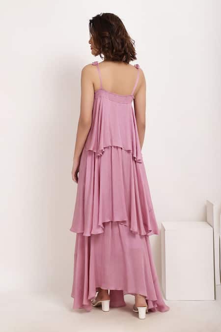 Shop_Ranng Label_Pink Viscose Chiffon Square Neck Asymmetric Tiered Ruffle Dress _at_Aza_Fashions