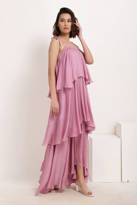 Ranng Label_Pink Viscose Chiffon Square Neck Asymmetric Tiered Ruffle Dress _Online_at_Aza_Fashions