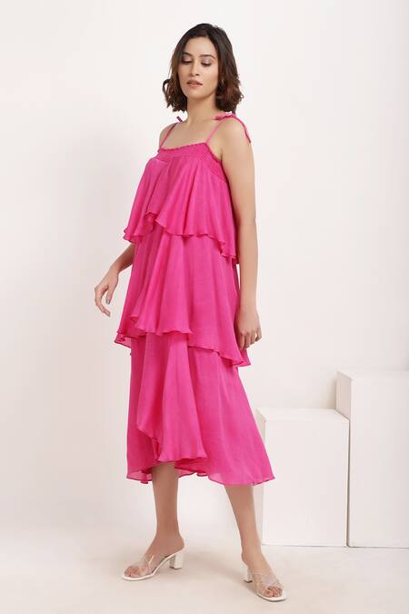 Ranng Label_Pink Viscose Chiffon Square Neck Asymmetric Tiered Ruffle Dress _at_Aza_Fashions