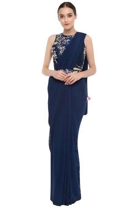Buy_Summer By Priyanka Gupta_Blue Embroidered Saree With Blouse_Online_at_Aza_Fashions