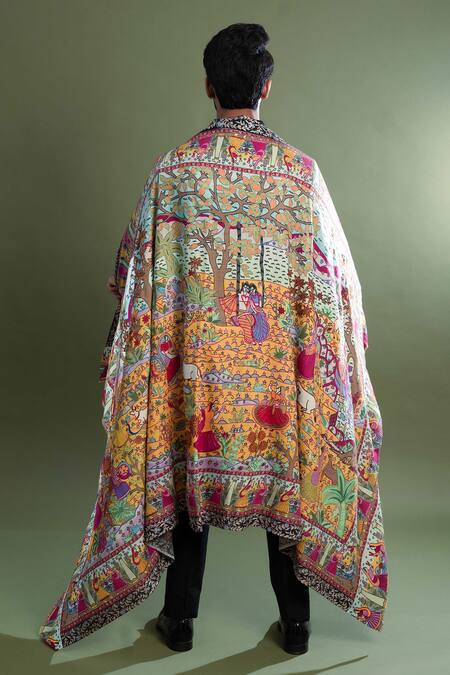 Shop_Taroob_Multi Color Kalamkari Work Pashmina Pichwai Ras Leela Dushala_at_Aza_Fashions