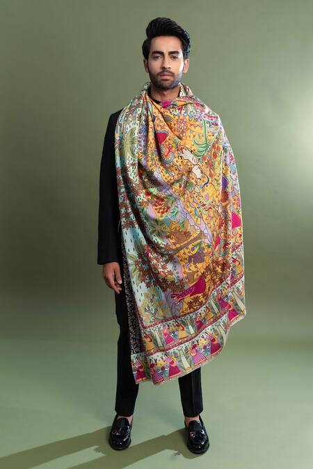 Buy_Taroob_Multi Color Kalamkari Work Pashmina Pichwai Ras Leela Dushala_Online_at_Aza_Fashions