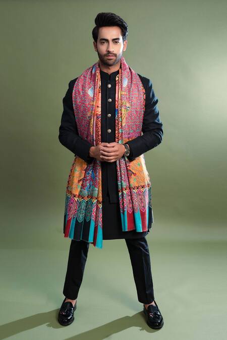 Taroob_Multi Color Kalamkari Work Pashmina Mughal Darbar Dushala _Online_at_Aza_Fashions