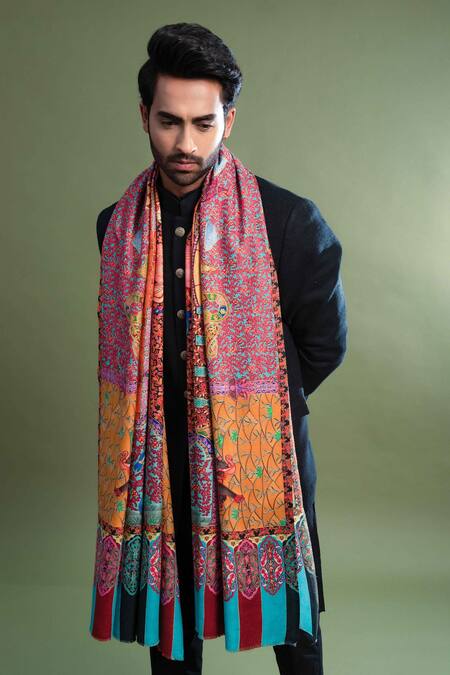 Buy_Taroob_Multi Color Kalamkari Work Pashmina Mughal Darbar Dushala _Online_at_Aza_Fashions
