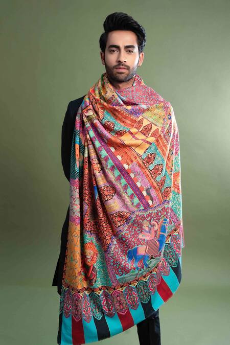 Shop_Taroob_Multi Color Kalamkari Work Pashmina Mughal Darbar Dushala _Online_at_Aza_Fashions