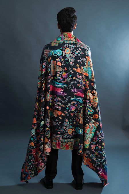 Shop_Taroob_Black Kalamkari Work Pashmina Jaal Darbar Dushala _at_Aza_Fashions
