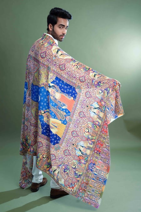 Shop_Taroob_Multi Color Kalamkari Work And Printed Pashmina Chand-dar Dushala _at_Aza_Fashions