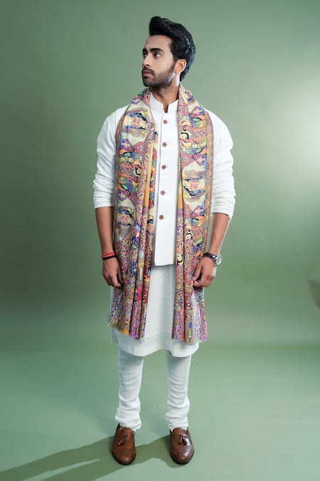 Taroob_Multi Color Kalamkari Work And Printed Pashmina Chand-dar Dushala _Online_at_Aza_Fashions