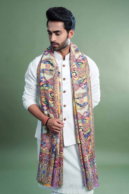 Buy_Taroob_Multi Color Kalamkari Work And Printed Pashmina Chand-dar Dushala _Online_at_Aza_Fashions