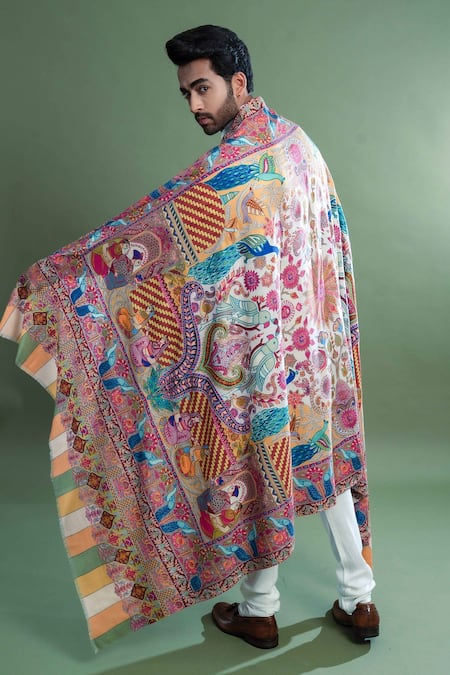 Shop_Taroob_Multi Color Kalamkari Work Pashmina Dushala _at_Aza_Fashions