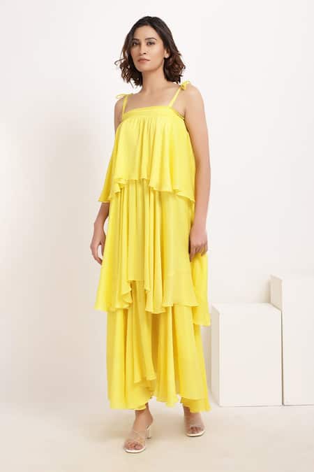 Ranng Label Yellow Viscose Chiffon Square Neck Asymmetric Tiered Ruffle Dress 