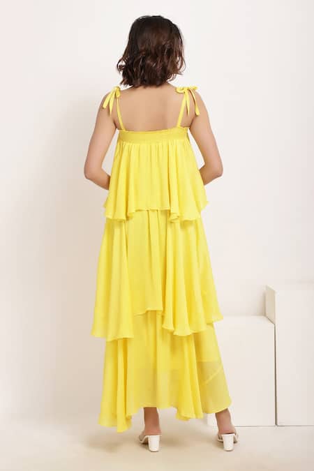 Shop Ranng Label Yellow Viscose Chiffon Square Neck Asymmetric Tiered Ruffle Dress at Aza Fashions Shop_Ranng Label_Yellow Viscose Chiffon Square Neck Asymmetric Tiered Ruffle Dress _at_Aza_Fashions