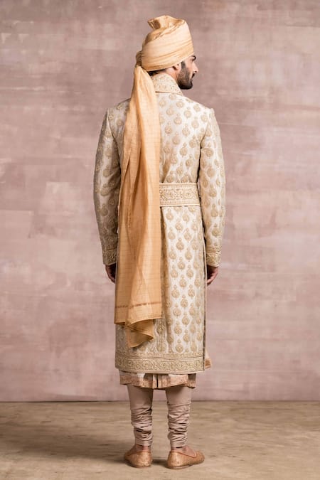 Shop Tarun Tahiliani Gold Sherwani Brocade Kurta Chanderi Brocade Churidar Embroidered Set at Aza Fashions Shop_Tarun Tahiliani_Gold Sherwani Brocade Kurta Chanderi Brocade Churidar Embroidered Set_at_Aza_Fashions