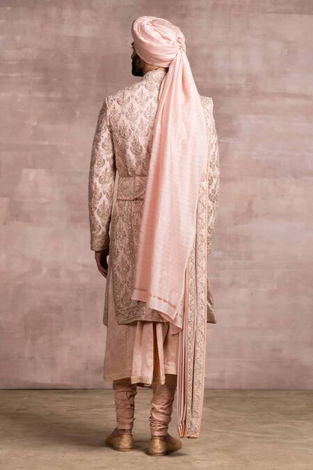 Shop Tarun Tahiliani Pink Sherwani Katan Kurta Jacquard Churidar Embroidered Set at Aza Fashions Shop_Tarun Tahiliani_Pink Sherwani Katan Kurta Jacquard Churidar Embroidered Set_at_Aza_Fashions
