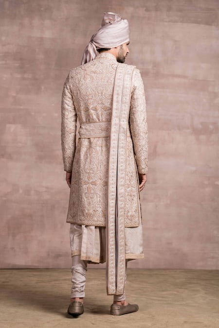 Shop Tarun Tahiliani Grey Sherwani Katan Kurta Jacquard Churidar Embroidered Set at Aza Fashions Shop_Tarun Tahiliani_Grey Sherwani Katan Kurta Jacquard Churidar Embroidered Set_at_Aza_Fashions
