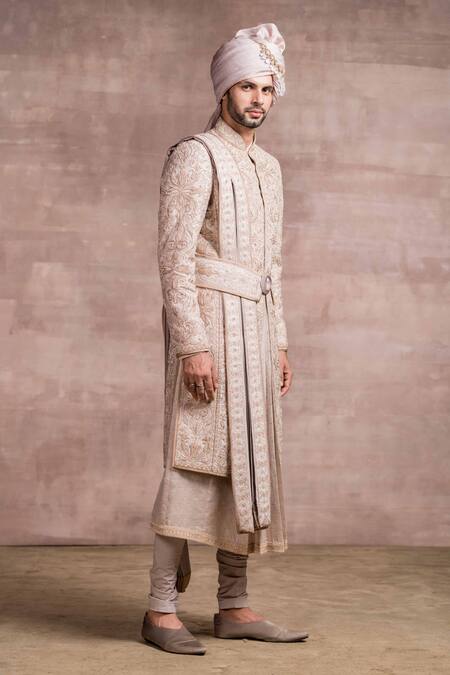 Tarun Tahiliani Grey Sherwani Katan Kurta Jacquard Churidar Embroidered Set Online at Aza Fashions Tarun Tahiliani_Grey Sherwani Katan Kurta Jacquard Churidar Embroidered Set_Online_at_Aza_Fashions