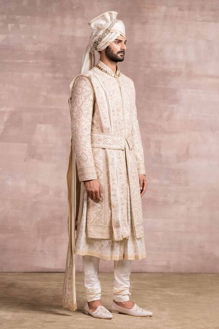 Tarun Tahiliani White Sherwani Katan Kurta Jacquard Churidar Embroidered Set Online at Aza Fashions Tarun Tahiliani_White Sherwani Katan Kurta Jacquard Churidar Embroidered Set_Online_at_Aza_Fashions