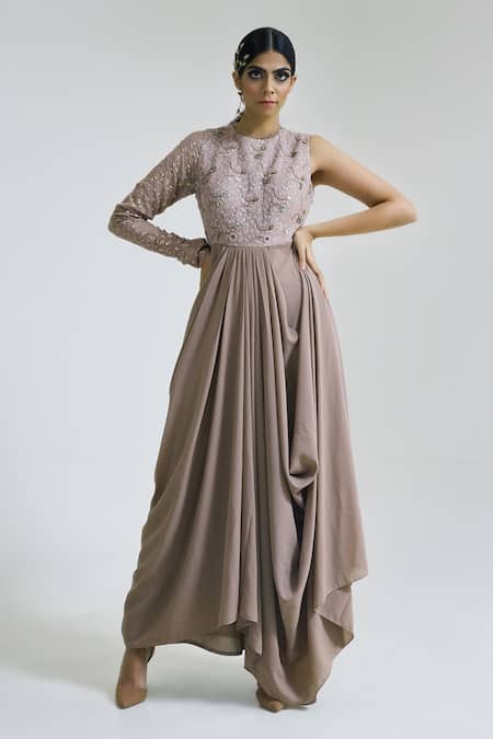 Buy Merge Design Grey Georgette Blend Cut Beads And Mirrors Round Floor Length Draped Gown Online at Aza Fashions Buy_Merge Design_Grey Georgette Blend Cut Beads And Mirrors Round Floor Length Draped Gown _Online_at_Aza_Fashions