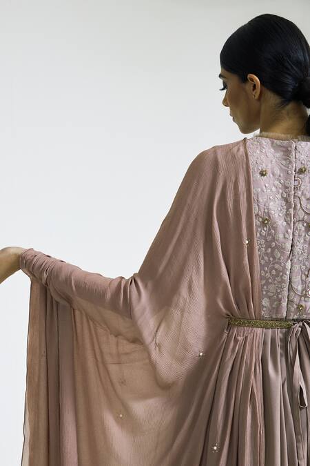 Shop Merge Design Grey Georgette Blend Cut Beads And Mirrors Round Floor Length Draped Gown Online at Aza Fashions Shop_Merge Design_Grey Georgette Blend Cut Beads And Mirrors Round Floor Length Draped Gown _Online_at_Aza_Fashions